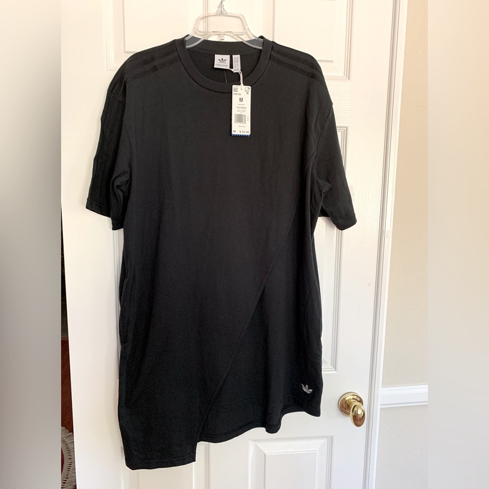NWT Adidas Cotton T-Dress: Black w/Silver Logo at Asymmetric Hem Side Pockets M